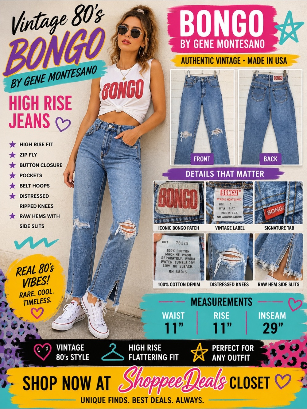 Vintage 80s BONGO by Gene Montesano High Rise Distressed Jeans Size 3